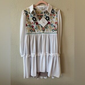 Elliatt White Tiered Long-Sleeve Dress with Multicolor Embroidered Yoke